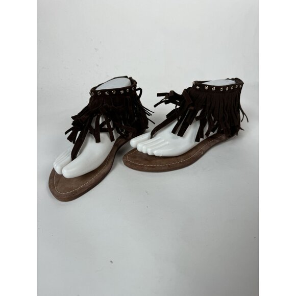 Brown Fringe Suede Flat Thong Sandals With Studded Accents & Zipper Closure For - Picture 6 of 15